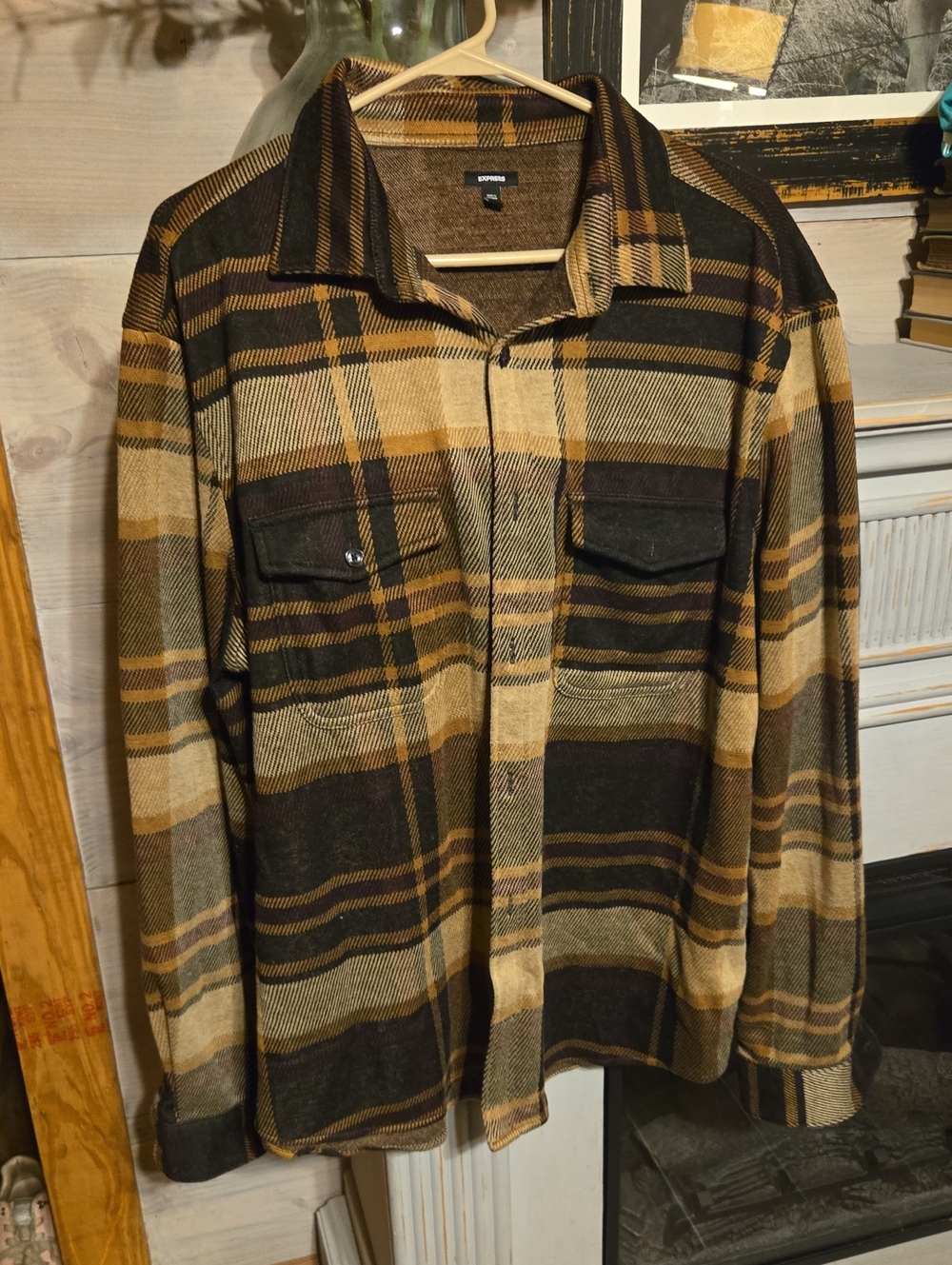 Express Plaid Lightweight Shacket in Brown & Tan